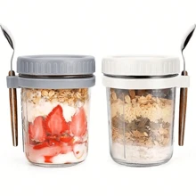 1pc Overnight Oats Glass Cup With Lid And Spoon, Milk Fruit Salad Food Storage Glass Jars, Portable Cereal Breakfast Cup, Reusable High-Quality Salad Cup, Suitable For Overnight Oats Leak Proof Oatmeal Container, Kitchen Item, For Cereal Fruit Vegetable Milk Salad Yogurt Meal Prep, Kitchen Accessories ( Grey, White )