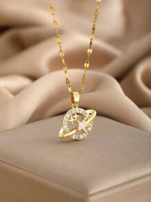 1件优雅锆石星形旋转行星吊坠项链，适合女性参加派对 - 金黃色 - 查看 7