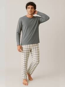 Men's Long Pajamas Adult Long Sleeve Long Pants - Gris - Ver 1