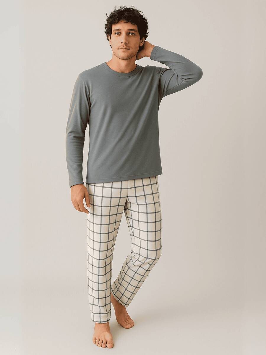 Men's Long Pajamas Adult Long Sleeve Long Pants - Gris - Ver 1