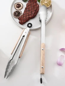 Szczypce do jedzenia ze stali nierdzewnej, dębowe, koreańskie szczypce do grilla, szczypce do steków z drewnianym uchwytem, bardzo długie szczypce do grilla, odpowiednie do hoteli/domu/na zewnątrz/do ogrodu/na grilla, na Boże Narodzenie i Halloween