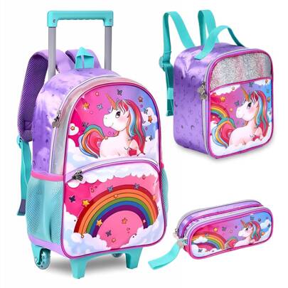Kit De Mochila Escolar Clio Infantil Menina Rosa Unicornio Com Lanheira e Estojo