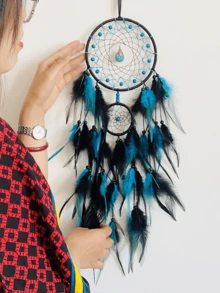 1pc Handmade Dreamcatcher With Feather Decor, Lightweight Luxury Teardrop Double Ring Wall Hanging Ornament For Living Room - Water Drop Double Circle - View 9