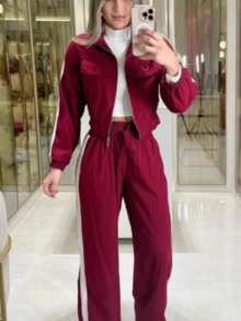 Women's Two-Color Jacket And Wide-Leg Pants Set - Burgundy - View 1