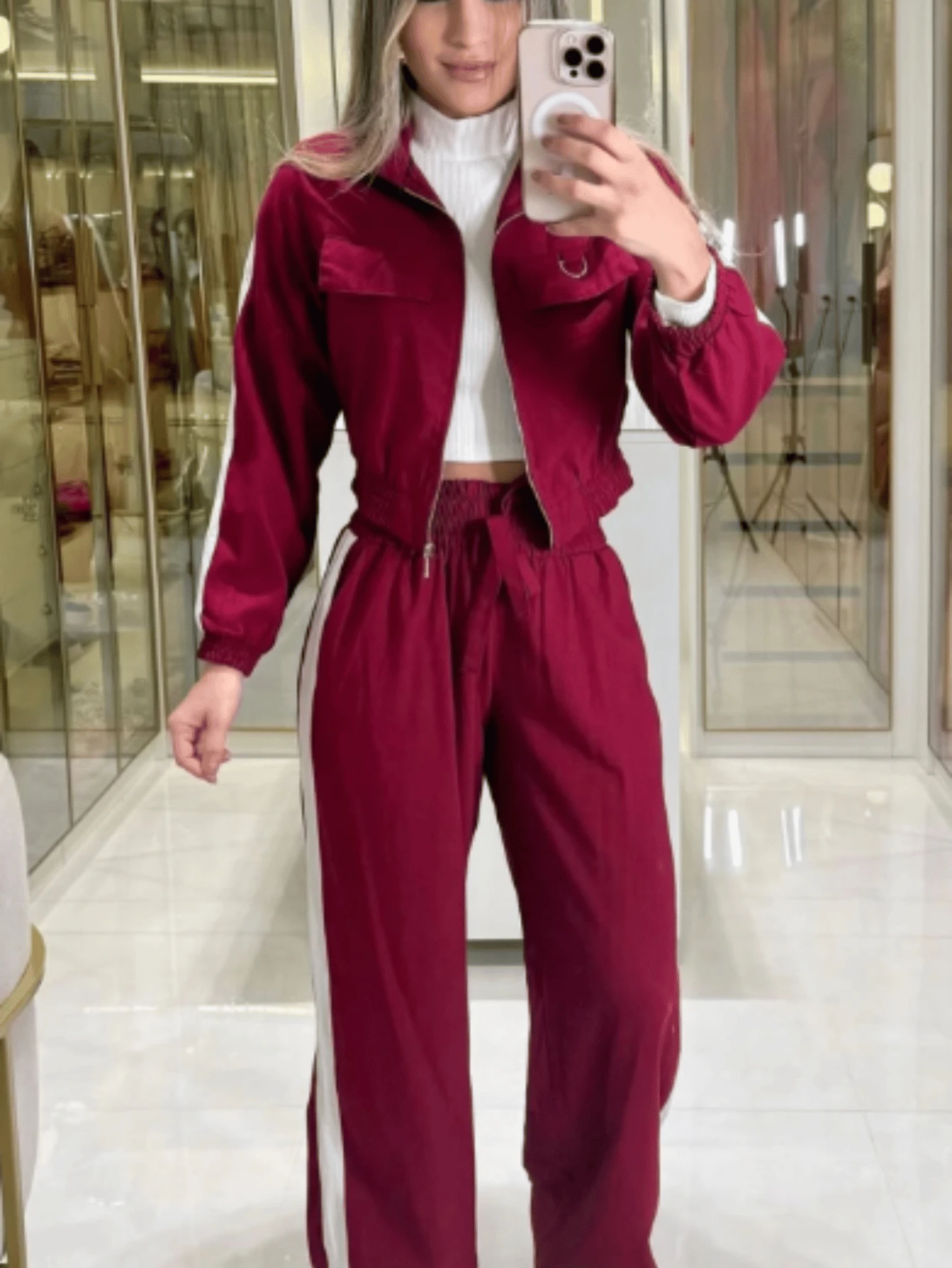 Women's Two-Color Jacket And Wide-Leg Pants Set - Burgundy - View 1