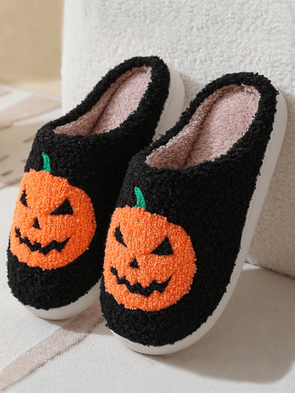 Autumn/Winter Halloween Cartoon Ghost & Pumpkin Print Couple Home Slippers, Women's Thick Sole Non-Slip Warm Casual Indoor House Shoes