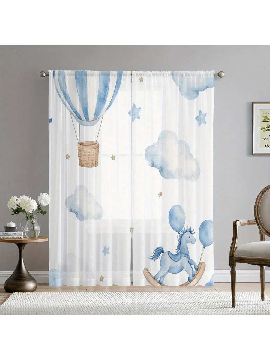 كومتان من الستائر الرقيقة وبالونات الهواء الساخنة الساحرة - ستائر أبواب متعلقة بقضبان مصنوعة من 100% بوليستر مع سحابات ونجوم، قابلة للغسل في الغسالة بتصميم معاصر لديكور غرفة المعيشة والنوم، ستائر لغرفة المعيشة