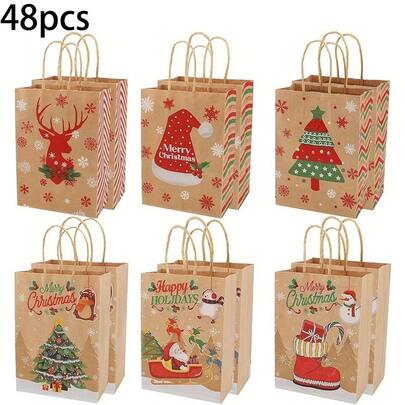 48pcs/1 Set Christmas Gift Bags With Handles,Christmas Gift Tags - Festive Santa, Reindeer & Snowman Prints For Holiday Shopping And Party Favors Christmas Christmas Decorations Christmas Pajamas Christmas Gifts Christmas Decor