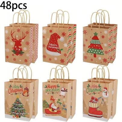 48pcs/1 Set Christmas Gift Bags With Handles,Christmas Gift Tags - Festive Santa, Reindeer & Snowman Prints For Holiday Shopping And Party Favors Christmas Christmas Decorations Christmas Pajamas Christmas Gifts Christmas Decor