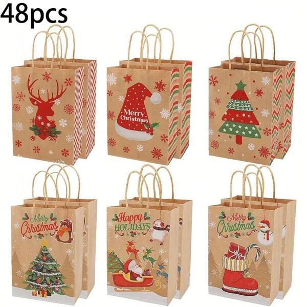 48pcs/1 Set Christmas Gift Bags With Handles,Christmas Gift Tags - Festive Santa, Reindeer & Snowman Prints For Holiday Shopping And Party Favors