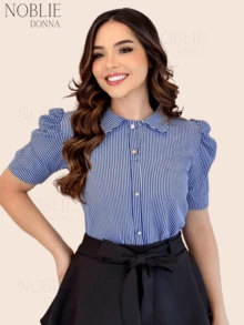 Women's Short Sleeve Striped Dress Shirt Elegant Blouse With Buttons On The Front Office - 藍色條紋 - 查看 5