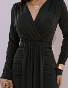 Long Party Dress With Long Sleeves And Slit And Lined Cups Simple Elegant Cloth Button Draped Layered Split Fits Well At The Waist Gathered Waist Wedding Party All - 黑色 - 查看 2