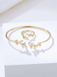 2 Peças Conjunto de Joias Inspirado na Natureza com Pulseira e Anel em Formato de Folha com Pedra de Zircônia em Liga de Cobre, Elegante para Mulheres