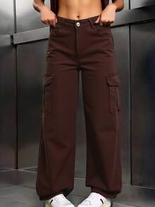 Pantalón jeans mezclilla cargo mujer dama femenino tiro alto recto ancho  trendy original día noche casual juvenil sexy moderno oficina trabajo surprise jeans - Café integral - Ver 4