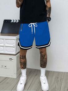 男士休闲运动短裤，拉链口袋，健身房锻炼短裤，抽绳腰带，篮球短裤，弹力轻便运动裤，适合篮球、棒球、健身、跑步、训练、运动、户外活动，父亲节夏季礼物 - 藍色 - 查看 4