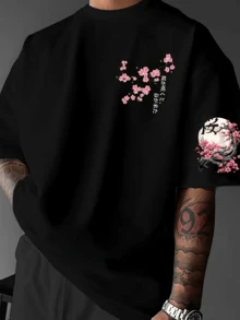 "Summer T-Shirt" Breathable Polyester Men's Cherry Blossom Print T-Shirt, Loose Version Of Street Clothing T-Shirt, With Floral Design, Round Neck Summer Casual Shirt, Suitable For Casual Wear - 黑色 - 查看 3