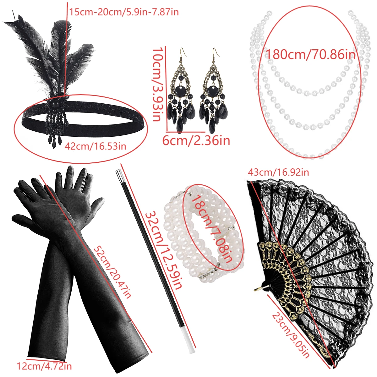 9pcs 1920s Women's Elegant Sexy Accessories High-End Retro Accessories Single Party Makeup Ball Feather Headband Pearl Necklace Gloves Lace Fan Hand Decor 7-Piece Set Holiday Costume Accessories - Black 1 - View 4