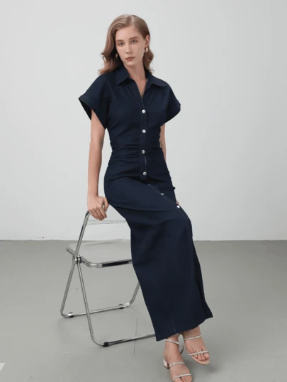 HZXVIC Women's Elegant Turndown Collar Short Sleeve Button Decor Fitted Long Dress, Autumn