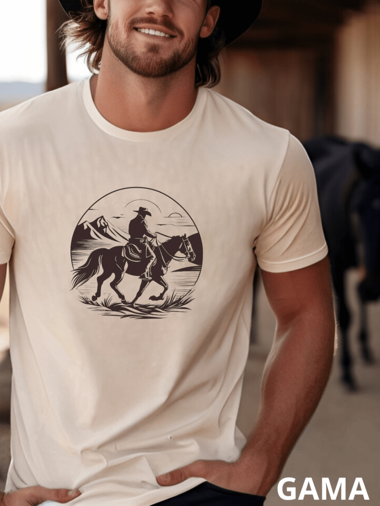 Men's Gentleman Sunset Cowboy T-Shirt 100% Cotton Shirt - Beige - View 1