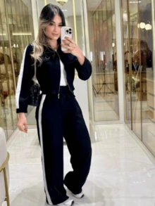 Women's Two-Color Jacket And Wide-Leg Pants Set - Negro - Ver 2
