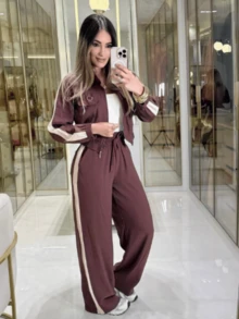Women's Two-Color Jacket And Wide-Leg Pants Set - 鏽棕色 - 查看 2