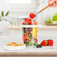 1pc Overnight Oats Glass Cup With Lid And Spoon, Milk Fruit Salad Food Storage Glass Jars, Portable Cereal Breakfast Cup, Reusable High-Quality Salad Cup, Suitable For Overnight Oats Leak Proof Oatmeal Container, Kitchen Item, For Cereal Fruit Vegetable Milk Salad Yogurt Meal Prep, Kitchen Accessories ( Grey, White )