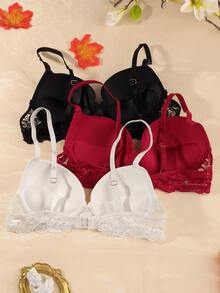 3件套女士蕾丝文胸套装，专为小胸设计，包含1件舒适、时尚、性感的纯色蕾丝聚拢文胸。套装采用后背搭扣设计，搭配简约的纯色日常文胸和可调节肩带，适合派对、婚礼或正式场合。 - 彩色 - 查看 4