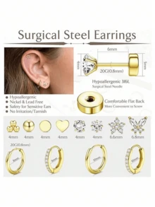 12PCS Jstyle Anti-Allergy Surgical Steel Earrings Are Suitable For Sensitive Ears. 14K Gold Flat-Back Earrings, Small Stainless Steel Earrings For Boy And , Flat-Back Stud Earrings, Cartilage Earring Set, Suitable For Multiple Piercings