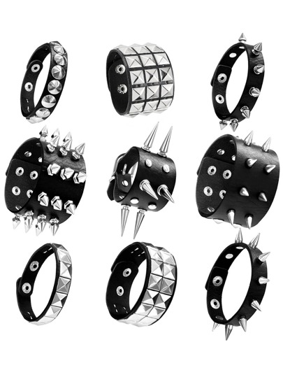 1 pieza Pulsera de PU con tachuelas de estilo punk para hombres y mujeres, brazalete de los años 80 estilo gótico punk rock con dos filas de tachuelas cuadradas, pulsera unisex para fiestas, accesorios y regalos de Halloween