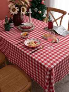 1pc Plaid Rectangular Tablecloth, Simple Rustic Checkered Tablecloth, Soft Texture Suitable For Spring/Summer Outdoor Picnic, Kitchen, Dinner, Restaurant, Holiday Party Table Decor,Fall Decor,Autumn Decor,Room Decor - Red and White - View 2