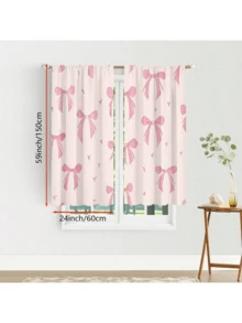 2pcs Set Pink Bow Print Light Filtering Curtains - Rod Pocket Design For Easy Hanging, Perfect For Bedroom, Living Room, Office Decor, Curtains For Living Room