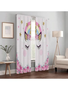 2 件装可爱独角兽睫毛带花印花窗帘 穿孔窗帘 参考卧室、办公室、厨房、客厅、书房、家居装饰 - 彩色 - 查看 4