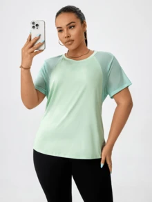 Plus Size Sporty Casual Yoga Patchwork Short Sleeve T-Shirt Summer Sports - Green - View 8