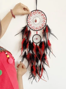 1pc Handmade Dreamcatcher With Feather Decor, Lightweight Luxury Teardrop Double Ring Wall Hanging Ornament For Living Room - Water Drop Double Circle - View 3