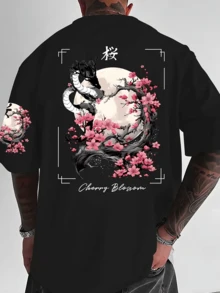 "Summer T-Shirt" Breathable Polyester Men's Cherry Blossom Print T-Shirt, Loose Version Of Street Clothing T-Shirt, With Floral Design, Round Neck Summer Casual Shirt, Suitable For Casual Wear - 黑色 - 查看 2