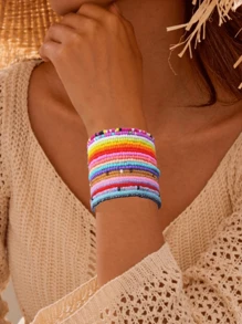 20pcs Dopamine Color Bead Bracelets, Multicolor Beaded Elastic Bracelet Set (Random Bead Colors) - Multicolor - View 4