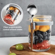 1pc Overnight Oats Glass Cup With Lid And Spoon, Milk Fruit Salad Food Storage Glass Jars, Portable Cereal Breakfast Cup, Reusable High-Quality Salad Cup, Suitable For Overnight Oats Leak Proof Oatmeal Container, Kitchen Item, For Cereal Fruit Vegetable Milk Salad Yogurt Meal Prep, Kitchen Accessories ( Grey, White )