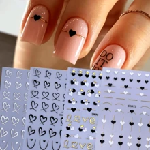 4pcs Love Theme Nail Stickers Set, Black White Golden Heart Patterns, Self-Adhesive Plastic Nail Art Decals With Glitter, Glossy Finish, Single Use Embellishments For Valentine'S Day - 彩色 - 查看 1
