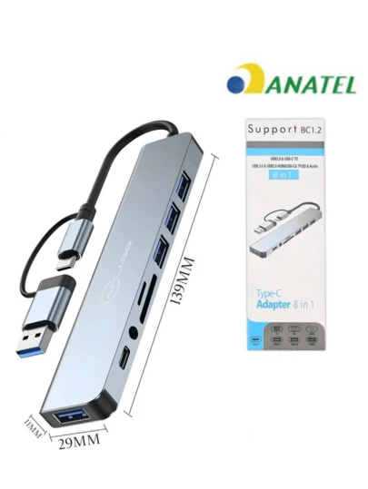 Hub USB 8 em 1 Expansor Dock Tipo C Leitor TF SD Áudio Compatível com MacBook Pro iPad HP