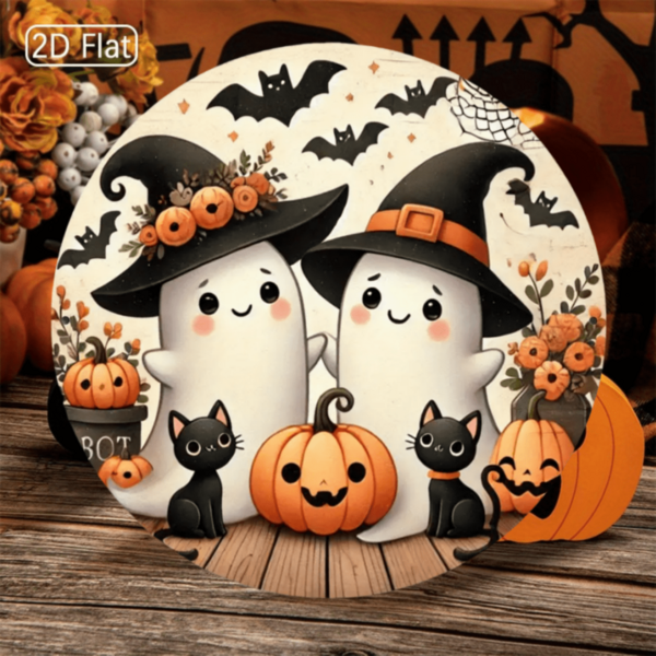 Placa metálica redonda de 8x8 pulgadas Decoración de pared de Halloween - Diseño encantador de sombrero de bruja, fantasma y gato negro, adecuado para decoración de bar, cafetería, club. Decoración de Halloween, decoración del hogar, decoración de dormitorio, decoración de pared, decoración de fiesta, decoración de jardín al aire libre, idea de regalo. Decoración de Halloween con estilo de agujero aleatorio Decoración de habitación Decoración de jardín de Halloween para regalo Decoración de hadas Decoración de festival