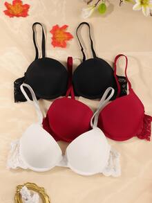 3件套女士蕾丝文胸套装，专为小胸设计，包含1件舒适、时尚、性感的纯色蕾丝聚拢文胸。套装采用后背搭扣设计，搭配简约的纯色日常文胸和可调节肩带，适合派对、婚礼或正式场合。 - 彩色 - 查看 3