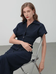 HZXVIC Women's Elegant Turndown Collar Short Sleeve Button Decor Fitted Long Dress, Autumn