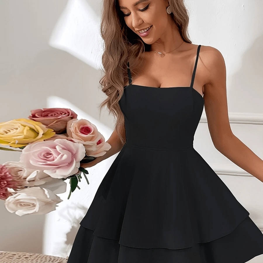 Bow Back Layered Ruffle Hem Cami Dress, Elegant Square Neck Sleeveless Spaghetti Strap Dress For Spring & Summer, Women's Clothing