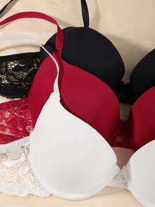 3件套女士蕾丝文胸套装，专为小胸设计，包含1件舒适、时尚、性感的纯色蕾丝聚拢文胸。套装采用后背搭扣设计，搭配简约的纯色日常文胸和可调节肩带，适合派对、婚礼或正式场合。 - 彩色 - 查看 5