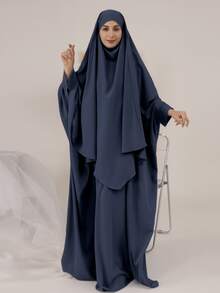 2 Stück einfarbiges Khimar + Abaya Set, locker & bequem mit Krawatte, Abaya mit Reißverschluss vorne, Manschetten, passend für alle, Länge 143cm, geeignet für täglichen Gebrauch, Gebet und Ausgehen von Frauen