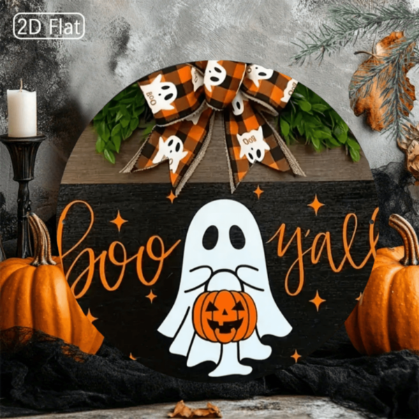 Decoración de pared redonda de 8"X8" con relieve de lámina con tema de fantasma y lazo, diseño de calabaza "¡Buu a todos!", adecuado para bar, cafetería, club, cocina - ¡Decoración de Halloween y Acción de Gracias! Decoración de Halloween, decoración del hogar, decoración de dormitorio, decoración de pared, decoración de fiesta, decoración de patio exterior, regalo, estilo de agujero aleatorio Decoración de habitación de Halloween Decoración de jardín de Halloween para regalo Decoración de vacaciones de hadas Decoración de festival