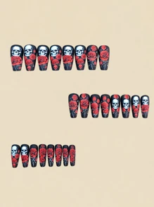 Peça de Arte de Unhas com Padrão de Crânio em Forma de Balé de Comprimento Médio com 24 Peças Destacáveis em Tons de Vermelho e Preto, Adesivos de Unhas Adequados para Senhoras e Meninas, Adesivos de Unhas Falsas Brilhantes e na Moda, Atualize seu Visual e Mostre o Charme de suas Pontas dos Dedos, Unhas de Halloween, Unhas Adesivas, Suprimentos de Unhas