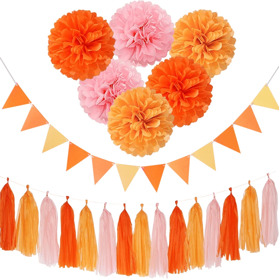 Pink Orange Party Decor, Groovy Home Decorations, Boho Party Decorations, Fall Thanksgiving Halloween Harvest Seasons Decorations, Pom Pom Garland Streamers Tissue Tassel Garland Banner For Birthday Bridal Shower Engagement Wedding For Women, 50th Birthday Decorations, Sweet 16 Party Decorations, 70s Party Decorations, Dried Orange Garland, Anniversary Decorations, Bachelorette Party Decorations, Fall Decor - 橘色派對套裝 - 查看 1