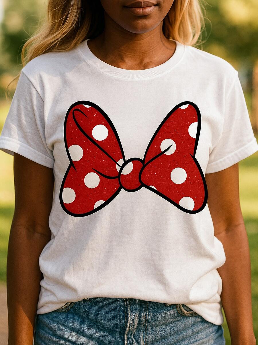 Red Polka Dot Bowknot Print Design Women's Summer Casual Loose Soft 100% Cotton Crew Neck Short Sleeve T-Shirt,Valentine Outfits For Women,Vacation Outfits Women - 白色 - 查看 1