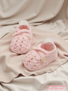 1 Pair Handmade Crochet Infant Shoes, Light Purple Color With Button Decor, Infant Size - Baby Pink - View 9